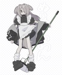 Rule 34 | 1girl, :&lt;, @ @, animal ears, apron, black dress, black footwear, black jacket, blush, bone hair ornament, borrowed character, bow, broom, character name, closed mouth, collar, collared dress, commentary, dog ears, dog girl, dog tail, dress, eguwi, floppy ears, footwear bow, frilled apron, frills, full body, glasses, grey hair, hair intakes, hair ornament, hair over one eye, highres, holding, holding broom, jacket, jacket partially removed, looking at viewer, maid, maid apron, nuinuiwawan (character), original, outstretched arm, polka dot, polka dot background, puffy short sleeves, puffy sleeves, ribbed dress, semi-rimless eyewear, short dress, short sleeves, solo, spiked collar, spikes, tail, white background, white leg warmers