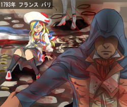 Rule 34 | 10s, 1boy, 1girl, arno dorian, assassin&#039;s creed: unity, assassin&#039;s creed (series), beret, blonde hair, blood, blood splatter, blue eyes, character request, commandant teste (kancolle), commentary request, crossover, french flag, hat, hood, kantai collection, kneehighs, knees together feet apart, long hair, multicolored hair, pitcairn meusel, scarf, shaded face, skirt, socks, sweat, nervous sweating, trait connection