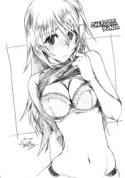 Rule 34 | 10s, 1girl, bare shoulders, blush, bra, breasts, charlotte dunois, cleavage, clothes lift, dated, embarrassed, french text, greyscale, infinite stratos, lingerie, long hair, monochrome, navel, ranguage, shirt lift, signature, solo, traditional media, underwear, yoshijima ataru