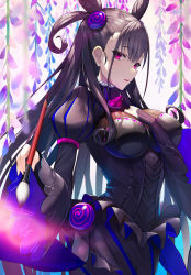 Rule 34 | 1girl, black dress, breasts, brown hair, closed mouth, cone hair bun, cowboy shot, curly hair, double bun, dress, fate/grand order, fate (series), frills, gem, grey background, hair between eyes, hair bun, hair ornament, holding, holding paintbrush, large breasts, long hair, long sleeves, looking at viewer, murasaki shikibu (fate), paintbrush, puffy sleeves, purple eyes, rods, solo, standing, striped clothes, striped dress, two side up, vertical-striped clothes, vertical-striped dress, very long hair, wide sleeves