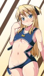 Rule 34 | 1girl, blonde hair, blue eyes, food, hatsuyuki (hatuyuki4), long hair, one-piece swimsuit, pocky, quiz magic academy, shalon, solo, swimsuit, twintails, two side up, unbuttoned