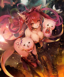 Rule 34 | 10s, 1girl, absurdly long hair, animal ears, bare shoulders, blush, breasts, cerberus (shingeki no bahamut), cleavage, curvy, dog ears, eyebrows hidden by hair, foreshortening, from side, grin, highres, knees together feet apart, large breasts, long hair, parted lips, red eyes, red hair, shingeki no bahamut, shingeki no bahamut: genesis, smile, solo, teddy (khanshin), thighhighs, thighs, twintails, very long hair, wide hips