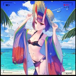 Rule 34 | 1girl, beach, bikini, black bikini, bob cut, breasts, cleavage, cloud, cowboy shot, day, fate/grand order, fate (series), frilled bikini, frills, groin, halterneck, hands on headwear, hands up, hat, highres, horns, japanese clothes, kimono, looking at viewer, navel, o-ring, ocean, oni, open clothes, open kimono, outdoors, purple eyes, purple hair, purple sarong, recording, sarong, sawarineko, short eyebrows, short hair, shuten douji (fate), skin-covered horns, sky, small breasts, smile, solo, straw hat, sun hat, swimsuit, time, timestamp, viewfinder, water drop, wet, wide sleeves