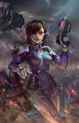 Rule 34 | 1girl, absurdres, acronym, animal print, artist name, bodysuit, breasts, brown eyes, brown hair, building, character name, charm (object), city, clothes writing, cloud, cloudy sky, cowboy shot, crossed legs, d.va (overwatch), embers, emblem, facepaint, facial mark, full moon, gloves, glowing, gun, handgun, headphones, high collar, highres, holding, holding gun, holding weapon, long hair, looking at viewer, mecha, medium breasts, meka (overwatch), moon, night, nose, overwatch, overwatch 1, parted lips, pilot suit, pink lips, pistol, rabbit print, ribbed bodysuit, robot, shoulder pads, signature, skin tight, sky, skyscraper, smile, smoke, solo, trigger discipline, weapon, whisker markings, white gloves, yan kyohara