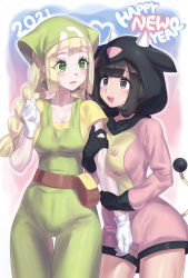 Rule 34 | 2021, 2girls, :d, absurdres, alternate costume, arm grab, black eyes, black gloves, black hair, blonde hair, blush, breasts, cleavage, cosplay, cow hood, creatures (company), english text, game freak, gen 2 pokemon, gloves, green eyes, happy new year, highres, lillie (pokemon), long hair, long sleeves, looking at another, medium breasts, miltank, miltank (cosplay), mizuumi (bb), multiple girls, new year, nintendo, open mouth, pokemon, pokemon breeder (pokemon), pokemon breeder (pokemon) (cosplay), pokemon sm, pokemon xy, selene (pokemon), short hair, short sleeves, smile, tail, white gloves