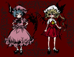 Rule 34 | 2girls, ascot, black ascot, black eyes, black footwear, black ribbon, black sclera, black wings, blonde hair, blue hair, closed mouth, collared shirt, colored sclera, commentary request, crystal, fang, fang out, flandre scarlet, frilled shirt collar, frilled skirt, frills, full body, hair between eyes, hat, hat ribbon, laevatein (touhou), lastdark, long hair, looking at viewer, mary janes, medium bangs, mob cap, multiple girls, one side up, pink headwear, pink shirt, pink skirt, puffy short sleeves, puffy sleeves, red background, red eyes, red skirt, red vest, remilia scarlet, ribbon, shirt, shoes, short hair, short sleeves, siblings, sisters, skirt, skirt set, smile, socks, standing, touhou, vest, white headwear, white shirt, white socks, wings, wrist cuffs, yellow ascot