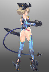 Rule 34 | 1girl, ass, bare shoulders, blue eyes, blue thighhighs, breasts, brown hair, cable, cable tail, dagger, elbow gloves, from behind, full body, gloves, gradient background, grey background, gun, headgear, knife, mecha musume, mechanical tail, original, reverse grip, shiny skin, short hair, small breasts, solo, standing, tail, thighhighs, tomonao, weapon