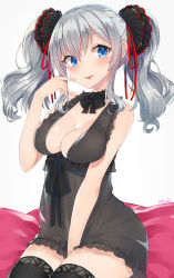 Rule 34 | 10s, 1girl, between legs, black thighhighs, blue eyes, blush, breasts, cleavage, detached collar, finger to mouth, halterneck, halterneck, hand between legs, highres, kantai collection, kashima (kancolle), large breasts, long hair, looking at viewer, mhong, neck ribbon, nightgown, no panties, ribbon, see-through, silver hair, sitting, sleepwear, solo, thighhighs, tongue, tongue out, twintails, wavy hair