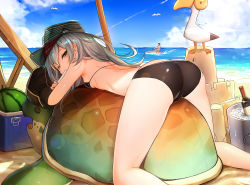 Rule 34 | 1boy, 1girl, ass, beach, berezovich kryuger (girls&#039; frontline), bikini, bird, butt crack, cameltoe, cloud, day, food, fruit, g11 (girls&#039; frontline), girls&#039; frontline, hat, inflatable shark, inflatable toy, long hair, looking back, luse maonang, one eye closed, outdoors, purple eyes, revision, sand castle, sand sculpture, silver hair, sky, swimsuit, turtle, watermelon