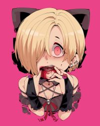 Rule 34 | 1girl, bags under eyes, bare shoulders, black bow, black dress, black nails, blonde hair, blood, blood from mouth, blood on face, bow, bridal gauntlets, commentary request, dress, ear piercing, finger in own mouth, hair bow, hair over one eye, idolmaster, idolmaster cinderella girls, jewelry, licking, licking finger, looking at viewer, nail polish, necklace, piercing, pink background, red eyes, saliva, shirasaka koume, short hair, simple background, skull necklace, solo, takato kurosuke