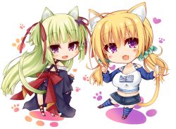 Rule 34 | 2girls, :3, :d, ahoge, animal ear fluff, animal ears, back bow, blonde hair, blue kimono, blue shirt, blue thighhighs, blunt bangs, blunt ends, bow, breasts, cat ears, cat girl, cat tail, chibi, cleavage, commentary request, criss-cross halter, cross-laced footwear, denim, denim shorts, eyes visible through hair, fang, garter straps, green hair, green scrunchie, hair between eyes, hair ornament, hair ribbon, hair scrunchie, halterneck, hime cut, index finger raised, japanese clothes, kimono, kyouno komatsu, large breasts, lena liechtenauer, light blush, long hair, long sleeves, looking at viewer, looking back, low twintails, multiple girls, murasame (senren), navel, open mouth, paw print, pom pom (clothes), purple eyes, red bow, red eyes, red ribbon, ribbon, scrunchie, senren banka, shirt, shorts, sidelocks, simple background, sleeves past wrists, smile, striped clothes, striped thighhighs, tail, thighhighs, twintails, two-tone shirt, two side up, very long hair, w arms, white background, white shirt, wide sleeves, zettai ryouiki