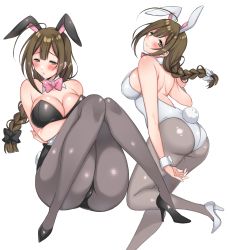 Rule 34 | 2girls, animal ears, ass, bare shoulders, blush, bow, bowtie, braid, breasts, brown eyes, brown hair, cleavage, closed mouth, crossed arms, detached collar, eryu kamemura, eyebrows hidden by hair, fake animal ears, fake tail, feet, full body, groin, hair between eyes, high heels, highres, idolmaster, idolmaster shiny colors, knees together feet apart, kuwayama chiyuki, large breasts, legs, leotard, long hair, multiple girls, pantyhose, playboy bunny, rabbit ears, rabbit tail, simple background, single braid, smile, tail, thighs, white background