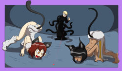Rule 34 | + +, 1boy, 2girls, all fours, animal ears, brown eyes, brown hair, cat ears, cat girl, cat tail, copyright request, dahs, highres, laser pointer, multiple girls, nathy, short hair, source request, tail, tentacles, top-down bottom-up