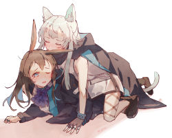 Rule 34 | 2girls, amiya (arknights), animal ear fluff, animal ears, arknights, artist name, ascot, biting, black footwear, black gloves, black jacket, blue ascot, blue eyes, blush, brown hair, cat ears, cat girl, cat tail, closed eyes, commentary, dress, ear biting, girl on top, gloves, green hair, highres, infection monitor (arknights), interlocked fingers, jacket, jewelry, material growth, multiple girls, multiple rings, off shoulder, one eye closed, open mouth, oripathy lesion (arknights), pinned, rabbit ears, rabbit girl, ring, rosmontis (arknights), ryow (740531380), shirt, single glove, tail, white background, white dress, white shirt, yuri