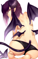 Rule 34 | 1girl, black panties, chita (ketchup), commentary, demon horns, demon tail, from behind, full body, highres, horns, long hair, looking back, mini wings, multiple wings, original, panties, parted lips, purple hair, purple horns, purple tail, purple wings, seiza, signature, sitting, solo, symbol-only commentary, tail, underwear, underwear only, wings