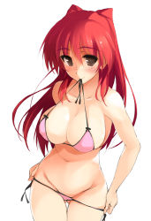 Rule 34 | 1girl, bare arms, bare shoulders, bikini, bikini pull, black bow, bow, breasts, brown eyes, cleavage, closed mouth, clothes pull, collarbone, cowboy shot, eyebrows, groin, hair between eyes, kousaka tamaki, large breasts, long hair, looking at viewer, mouth hold, navel, pulling own clothes, red hair, smile, solo, standing, stomach, swimsuit, tareme, thigh gap, to heart (series), to heart 2, twintails, untied bikini, very long hair, zekkyon