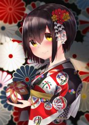 Rule 34 | 1girl, ball, black kimono, blurry, blurry background, blush, brown eyes, brown flower, brown hair, closed mouth, commentary request, depth of field, flower, hair between eyes, hair flower, hair ornament, head tilt, highres, holding, holding ball, japanese clothes, kimono, long sleeves, looking at viewer, neku (neku draw), new year, original, print kimono, red flower, smile, solo, temari ball, upper body, wide sleeves