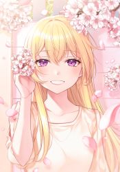 Rule 34 | 1girl, bang dream!, blonde hair, blush, branch, breasts, cherry blossoms, clothing cutout, collarbone, commentary request, falling petals, fence, flower, grin, hair between eyes, hand up, highres, holding, holding flower, long hair, looking at viewer, minori (faddy), petals, purple eyes, shirasagi chisato, shirt, short sleeves, shoulder cutout, sidelocks, small breasts, smile, solo, standing, upper body, yellow shirt