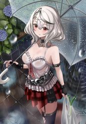 Rule 34 | 1girl, bag, black collar, black hair, black nails, black thighhighs, blush, breasts, camisole, closed mouth, collar, fingerless gloves, flower, frills, from above, garter straps, gloves, grocery bag, highres, holding, holding bag, holding umbrella, hololive, leaf, manjirou (manji illust), medium breasts, medium hair, miniskirt, multicolored hair, nail polish, no jacket, o-ring, o-ring legwear, plaid, plaid skirt, rain, red eyes, red nails, red skirt, revision, sakamata chloe, shirt, shopping bag, skirt, solo, spring onion, streaked hair, thighhighs, umbrella, virtual youtuber, water, water drop, wet, wet clothes, wet shirt, white camisole, white hair