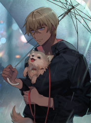 Rule 34 | 1boy, amuro tooru, animal, animal collar, animal in clothes, black hoodie, blonde hair, blue eyes, blurry, blurry background, casual, closed mouth, collar, commentary request, dark-skinned male, dark skin, dog, hair between eyes, haro (meitantei conan), holding, holding leash, holding umbrella, hood, hood down, hoodie, kanamura ren, leash, long sleeves, looking at another, looking to the side, looking up, male focus, meitantei conan, open mouth, outdoors, rain, red collar, short hair, smile, tongue, tongue out, umbrella, upper body