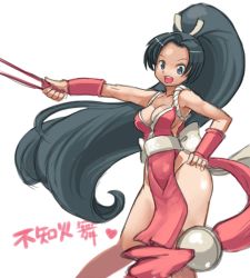 Rule 34 | 1girl, black eyes, black hair, breasts, cleavage, folded fan, elbow gloves, hand fan, fatal fury, fingerless gloves, folding fan, gloves, highres, japanese clothes, long hair, okera, pelvic curtain, ponytail, revealing clothes, shiranui mai, side slit, snk, solo, the king of fighters