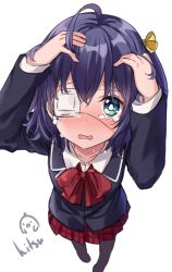 Rule 34 | 1girl, ahoge, arms up, black jacket, black pantyhose, blazer, blue eyes, blue hair, blush, bow, chuunibyou demo koi ga shitai!, collared shirt, commentary, crying, english commentary, eyepatch, fang, from above, hair bow, hands on own head, highres, hitsukuya, jacket, looking at viewer, looking up, medical eyepatch, nose blush, one side up, open mouth, pantyhose, plaid, plaid skirt, pleated skirt, red skirt, school uniform, shirt, signature, simple background, skirt, solo, standing, takanashi rikka, tears, wavy mouth, white background, white shirt, yellow bow