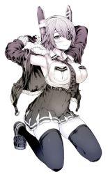Rule 34 | 1girl, arms up, blush, breast pocket, checkered clothes, checkered necktie, checkered neckwear, closed mouth, collared shirt, eyepatch, full body, gloves, greyscale, hair over one eye, kantai collection, looking at viewer, monochrome, necktie, oonaka ito, partially fingerless gloves, pocket, shirt, short hair, skirt, smile, solo, tenryuu (kancolle), tenryuu kai ni (kancolle), thighhighs