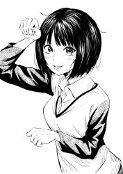 Rule 34 | 1girl, amagami, blush, bob cut, breasts, commentary, curled fingers, dress shirt, from side, greyscale, hair strand, hatching (texture), highres, long sleeves, looking at viewer, looking to the side, medium breasts, messy hair, monochrome, nishijo45, paw pose, shirt, short hair, simple background, smile, solo, sweater, tachibana miya, tongue, tongue out, two-tone sweater, undershirt, upper body, v-neck, white background