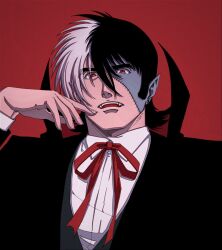 Rule 34 | 1boy, black cape, black hair, black jack (character), black jack (series), cape, earrings, fangs, hair between eyes, highres, jewelry, male focus, mature male, multicolored hair, oldkin, open mouth, pointy ears, red background, red eyes, red ribbon, ribbon, shirt, short hair, simple background, solo, split-color hair, stitched face, stitches, vampire costume, white hair, white shirt