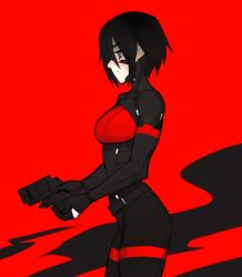 Rule 34 | 1girl, android, black background, black hair, blue eyes, breasts, commentary, elster (signalis), english commentary, eu-k508 s einhorn, gun, handgun, holding, holding gun, holding weapon, looking at viewer, low bore axis revolver, medium breasts, psuede, red background, revolver, short hair, signalis, snubnosed revolver, two-tone background, very short hair, weapon