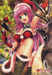 Rule 34 | 1girl, :d, absurdres, ahoge, arm up, armpits, boots, bow, bowtie, breasts, brown footwear, christmas tree, cleavage, copyright name, demon tail, dress, elbow gloves, floating hair, fur-trimmed boots, fur-trimmed dress, fur-trimmed gloves, fur-trimmed headwear, fur trim, gloves, green eyes, hat, head tilt, highres, holding, holding microphone, lala satalin deviluke, lens flare, long hair, looking at viewer, medium breasts, microphone, open mouth, pink hair, red dress, red gloves, red hat, riding, santa costume, santa gloves, santa hat, short dress, sleeveless, sleeveless dress, smile, solo, strapless, strapless dress, striped bow, striped bowtie, striped clothes, striped neckwear, tail, tail bow, tail ornament, to love-ru, very long hair, yabuki kentarou