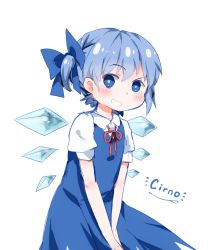 1girl alternate_hairstyle between_legs blue_eyes blue_hair blush bow character_name cirno commentary embarrassed female_focus grin hair_bow hair_up hand_between_legs highres ice ice_wings leaning_forward looking_at_viewer looking_to_the_side neck_ribbon plug_(feng-yushu) ponytail puffy_short_sleeves puffy_sleeves ribbon short_hair short_ponytail short_sleeves side_ponytail simple_background sketch smile solo touhou white_background wings