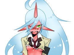 Rule 34 | 10s, 1girl, bad id, bad pixiv id, blue hair, blush, breasts, colored skin, cum, cum in mouth, cum on body, cum on breasts, cum on hair, cum on upper body, demon girl, facial, fang, fangs, glasses, green eyes, horns, kneesocks (psg), long hair, meiko (hishi), necktie, one eye closed, open mouth, panty &amp; stocking with garterbelt, pointy ears, ponytail, red skin, school uniform, simple background, single horn, small breasts, solo, torn clothes, underboob, wink