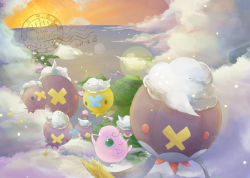 Rule 34 | alternate color, artist name, chinese commentary, cloud, cloudy sky, commentary request, creature, creatures (company), dated, drifblim, drifloon, floating, game freak, gen 1 pokemon, gen 4 pokemon, green eyes, highres, jigglypuff, littlelluu, mountain, nintendo, no humans, ocean, pokemon, pokemon (creature), shiny and normal, shiny pokemon, sky, trait connection, twilight, water