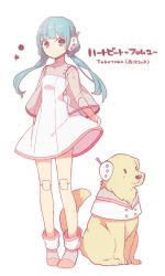Rule 34 | 1girl, android, animal, blue eyes, blue hair, blunt bangs, breasts, buttons, clothed animal, crop top, dog, doll joints, dress, full body, hatsune miku, heartbeat from you (vocaloid), joints, long hair, long sleeves, looking at viewer, low twintails, matching hair/eyes, mechanization, robot ears, robot joints, see-through, short dress, simple background, skirt hold, small breasts, solo, song name, standing, tama (songe), turtleneck, twintails, vocaloid, white background, white dress, wide sleeves