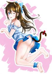 Rule 34 | 1girl, ;), ;p, animal ears, aqua bow, aqua eyes, arm garter, arm ribbon, artist name, artist request, bare legs, bare shoulders, barefoot, bikini, bikini skirt, blue bow, blue eyes, blush, bow, bracelet, breasts, brown hair, checkered bow, checkered clothes, checkered swimsuit, cleavage, collarbone, cross-laced clothes, cross-laced one-piece swimsuit, dress, dress swimsuit, feet, female focus, floating hair, frilled swimsuit, frills, full body, hair between eyes, hair bow, half updo, high ponytail, highres, jewelry, long hair, looking at viewer, love live!, love live! nijigasaki high school idol club, love live! school idol festival, one-piece swimsuit, one eye closed, osaka shizuku, parted lips, paw pose, pearl bracelet, plaid, plaid dress, pleated, pleated dress, ponytail, ribbon, small breasts, smile, solo, swimsuit, tongue, tongue out, wavy hair, white background, white ribbon, wink, worried