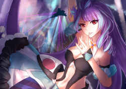 Rule 34 | 10s, 1girl, :d, absurdres, aircraft, arm up, armband, bare shoulders, black gloves, blush, bobo (6630978), breasts, cleavage, dress, eyelashes, finger to mouth, gloves, half gloves, hand up, highres, long hair, looking at viewer, macross, macross delta, medium breasts, mikumo guynemer, navel, open mouth, purple hair, red eyes, skirt, smile, solo, stomach, striped clothes, striped skirt, tsurime