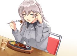 Rule 34 | 10s, 1girl, akaneyu akiiro, blue eyes, chair, cup, drinking glass, eating, fork, girls und panzer, glass, hamburger steak, holding, itsumi erika, long hair, looking at viewer, open mouth, silver hair, simple background, solo, table, water, white background