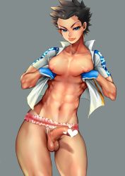 Rule 34 | 1boy, abs, bike jersey, blue eyes, censored, crotchless, crotchless panties, fingerless gloves, gloves, grey background, heart, heart censor, izumida touichirou, lips, looking at viewer, male focus, muscular, navel, nipples, panties, penis, puffy chest, riko (k riko), short hair, simple background, smile, solo, sports uniform, sportswear, testicles, underwear, yowamushi pedal