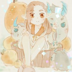 Rule 34 | 1boy, aqua horns, brown eyes, brown hair, eyes visible through hair, food, fruit, full body, horns, index finger raised, looking at viewer, luo xiaohei zhanji, luozhu (the legend of luoxiaohei), pointy ears, sitting, smile, solo, water, xuhuai (the legend of luoxiaohei), yaugusty8