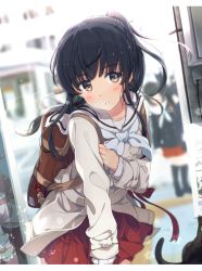 Rule 34 | 1girl, backlighting, backpack, bag, black hair, blurry, brown eyes, day, depth of field, dutch angle, leaning forward, long hair, long sleeves, looking at viewer, ogipote, original, outdoors, parted lips, pleated skirt, ponytail, red skirt, school uniform, serafuku, skirt, solo, train interior, tsurime