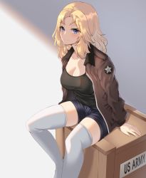 Rule 34 | 1girl, black shirt, blonde hair, blue eyes, blue shorts, box, breasts, brown jacket, cleavage, closed mouth, clyde s, denim, denim shorts, emblem, english text, girls und panzer, hair intakes, highres, jacket, kay (girls und panzer), large breasts, long hair, long sleeves, looking at viewer, military, military uniform, open clothes, open jacket, saunders military uniform, shirt, short shorts, shorts, sitting, skindentation, smile, solo, star (symbol), thighhighs, uniform, white thighhighs