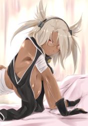 Rule 34 | 10s, 1girl, arm support, black gloves, blonde hair, breasts, dark-skinned female, dark skin, fingerless gloves, glasses, gloves, hanging breasts, highres, kantai collection, large breasts, long hair, looking at viewer, musashi (kancolle), musashi kai (kancolle), on bed, pointy hair, red eyes, solo, upper body, wa (genryusui)