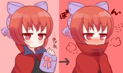 Rule 34 | 1girl, bad id, bad pixiv id, blush, bow, cape, covered mouth, deformed, embarrassed, hair bow, mashiro miru, red eyes, red hair, sekibanki, short hair, solo, sweat, touhou
