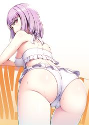 Rule 34 | 10s, 1girl, arata, ass, back, bare arms, bare shoulders, bent over, bikini, breasts, cameltoe, commentary request, cowboy shot, from behind, gridman universe, halterneck, highres, huge ass, looking at viewer, looking back, medium breasts, medium hair, purple hair, red eyes, shinjou akane, simple background, solo, ssss.gridman, swimsuit, thigh gap, wet, white background, white bikini