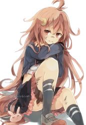 Rule 34 | 10s, 1girl, ahoge, bandaid, bandaid on face, bandaid on nose, chibirisu, crescent, crescent hair ornament, hair ornament, kantai collection, light smile, long hair, messy hair, red eyes, red hair, sitting, smile, solo, tears, torn clothes, twitter username, uzuki (kancolle), wavy mouth