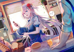Rule 34 | 1boy, 1girl, absurdres, azur lane, backlighting, blouse, blue eyes, bread, bread slice, breasts, cup, day, drinking glass, food, hair ornament, highres, holding, holding whisk, indoors, long hair, medium breasts, mole, mole under eye, mug, open mouth, plant, plate, shirt, shoukaku (azur lane), silver hair, smile, solo focus, spoken expression, standing, tagme, very long hair, whisk, white shirt, window blinds