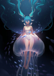 Rule 34 | 1girl, 2017, aqua hair, barefoot, blindfold, bridal gauntlets, casual one-piece swimsuit, dark, dated, facing viewer, fish, floating hair, full body, hatsune miku, highres, jellyfish, jewelry, lian yao, light particles, light smile, long hair, nail polish, neck ribbon, one-piece swimsuit, pendant, red nails, ribbon, shinkai shoujo (vocaloid), signature, solo, submerged, swimsuit, toenail polish, toenails, twintails, underwater, very long hair, vocaloid, white one-piece swimsuit