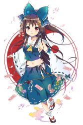 Rule 34 | 1girl, alternate color, bare shoulders, blush, bobby socks, bow, breasts, brown hair, cherry blossoms, detached sleeves, female focus, floral print, full body, gohei, hair bow, hair ornament, hakurei reimu, highres, long hair, looking at viewer, motiking, navel, ofuda, parted lips, simple background, skirt, smile, socks, solo, standing, tabi, touhou, white background, wide sleeves, yin yang