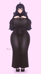 Rule 34 | 1futa, absurdres, black dress, black footwear, blush, breasts, bulge, closed mouth, creatures (company), curvy, dress, fraankyy, full body, futanari, game freak, hands on own chest, hex maniac (pokemon), highres, large breasts, long dress, looking at viewer, nail polish, nintendo, pink background, pokemon, pokemon xy, purple eyes, purple hair, shoes, simple background, smile, socks, solo, standing, thick thighs, thighs, wide hips
